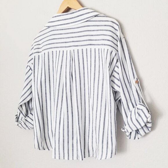 Zara Striped Linen Blend Knotted Twist Front Button Front Shirt Size S White - Picture 9 of 16